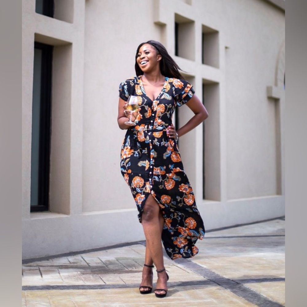 Patrons of Peace Black and Orange Floral High Low Dress
